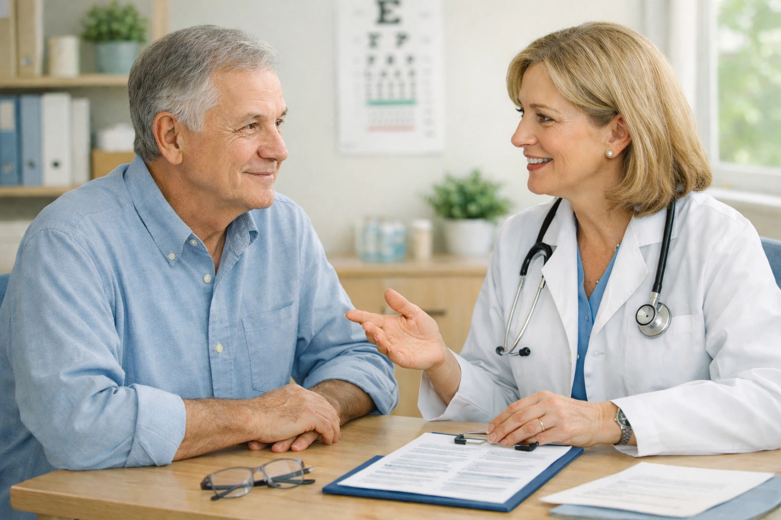 senior male patient talking to woman doctor about traditional medicare or original medicare