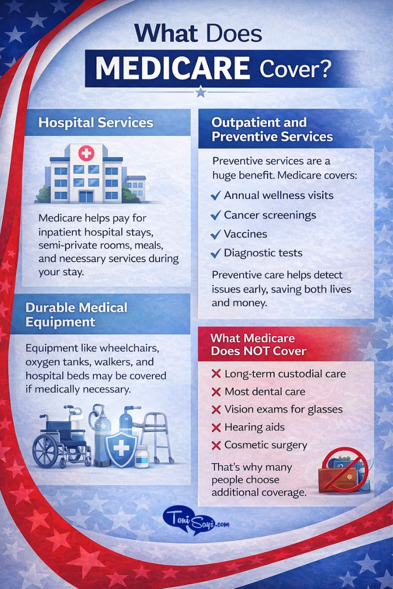 what does medicare cover? what does medicare not cover infographic on tonisays.com
